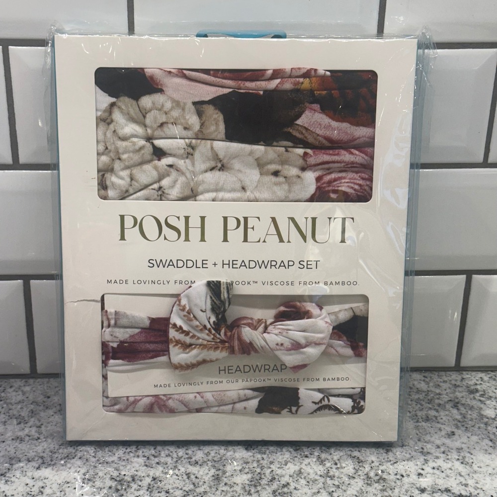 Posh Peanut Black Rose Swaddle and Headwrap Set Infant Viscose Bamboo New‎
